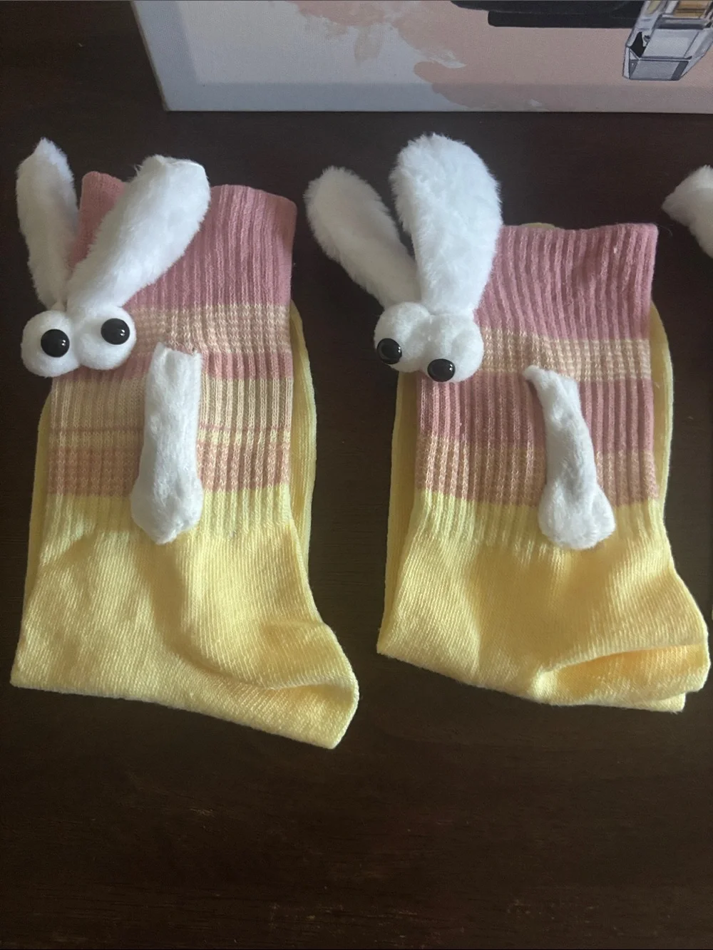 Cute Bunny Accent Crew Socks - Yellow & Pink Pair